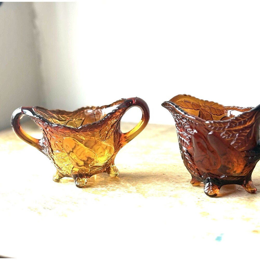 VNTG Tiara Indiana Glass CREAMER & SUGAR Sweet Pear Burnt Honey Amber Footed (2)